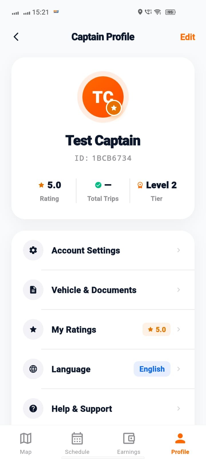 SHLDr Captain profile screen showing captain ID, rating, total trips, tier, account settings, vehicle documents and support