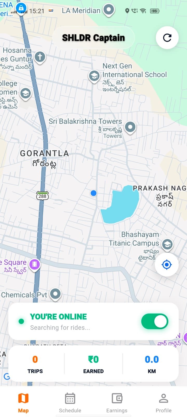 SHLDr Captain map dashboard with current location, online status, trip count, earnings and distance