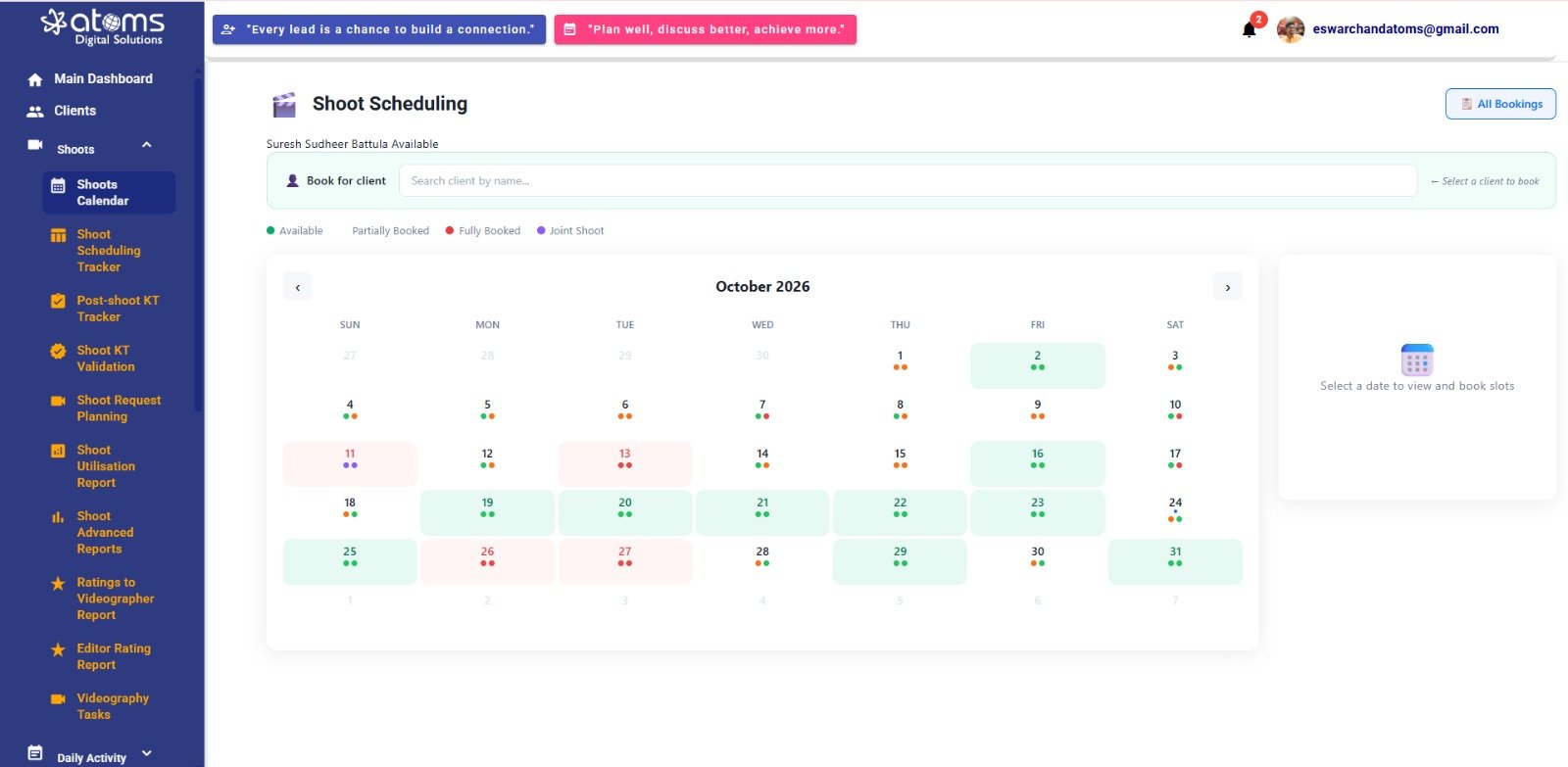 Shoot Scheduling calendar with client search and booking availability