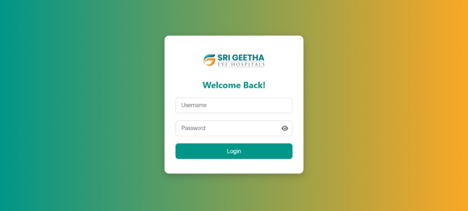Sri Geetha Eye Hospitals login screen with username, password and login button