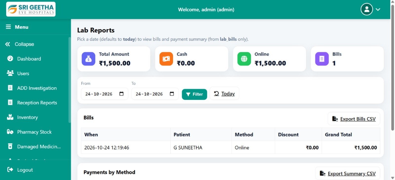 Sri Geetha Eye Hospitals laboratory reports page with billing summaries, date filters and bills table