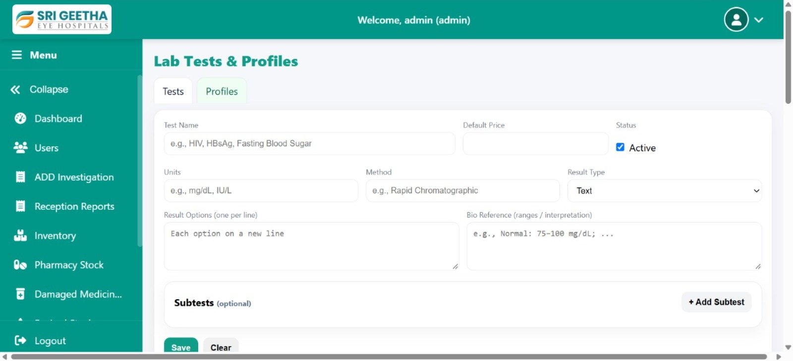 Sri Geetha Eye Hospitals Lab Tests and Profiles form with test name, price, units, method, result type and subtests