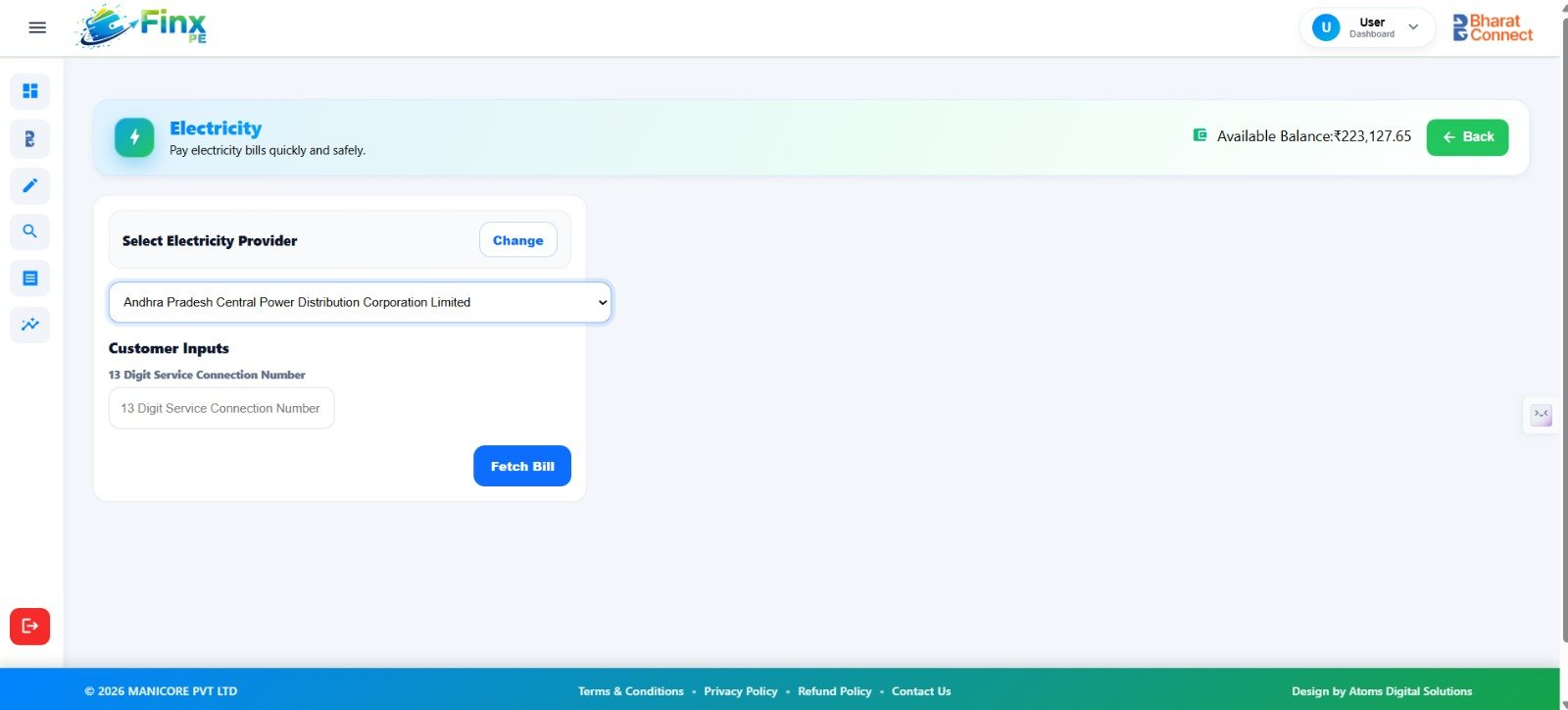 Finx PE Electricity Bill Screen