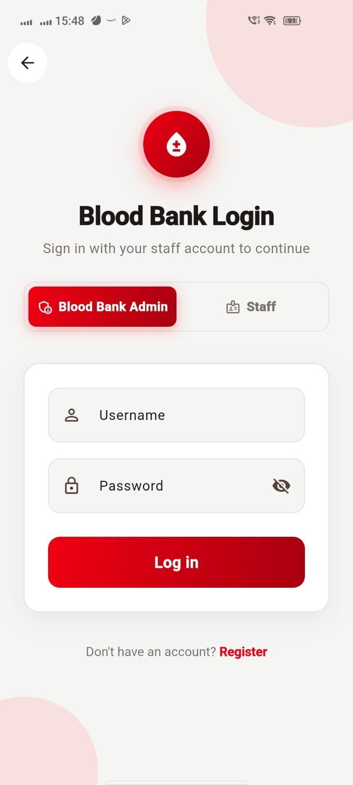 Blood Bank Login screen with Blood Bank Admin and Staff options, username and password fields and login button