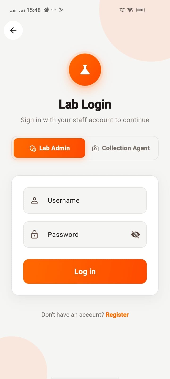 Lab Login screen with Lab Admin and Collection Agent options, username and password fields and orange login button