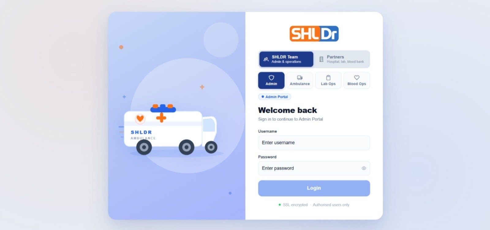 SHLDr login screen with SHLDR Team and Partners options, portal selection and username and password fields