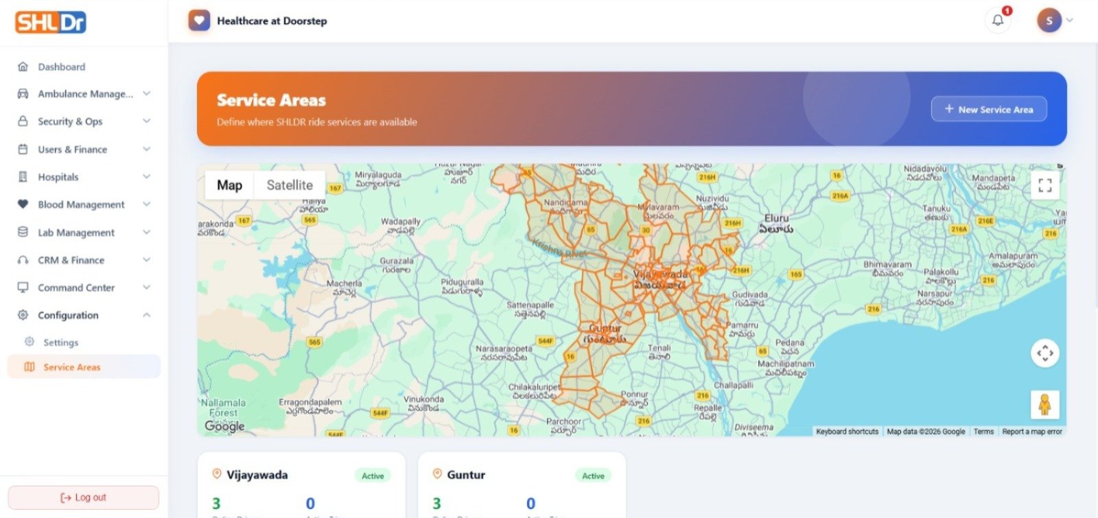 SHLDr service areas screen with a geographic map, Map and Satellite controls, new service area action and area cards