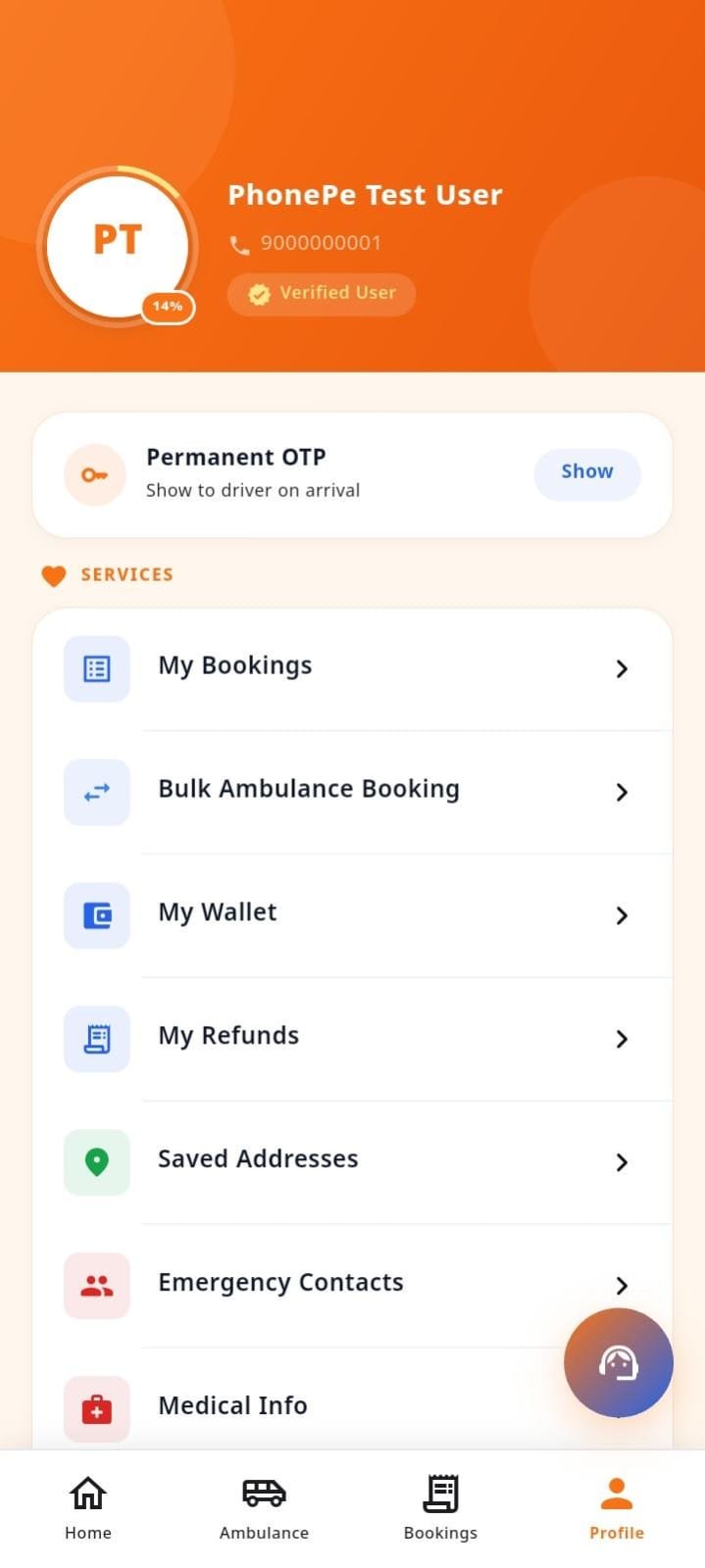 SHLDr customer profile screen with profile details, permanent OTP, bookings, wallet, refunds, saved addresses, emergency contacts and medical information