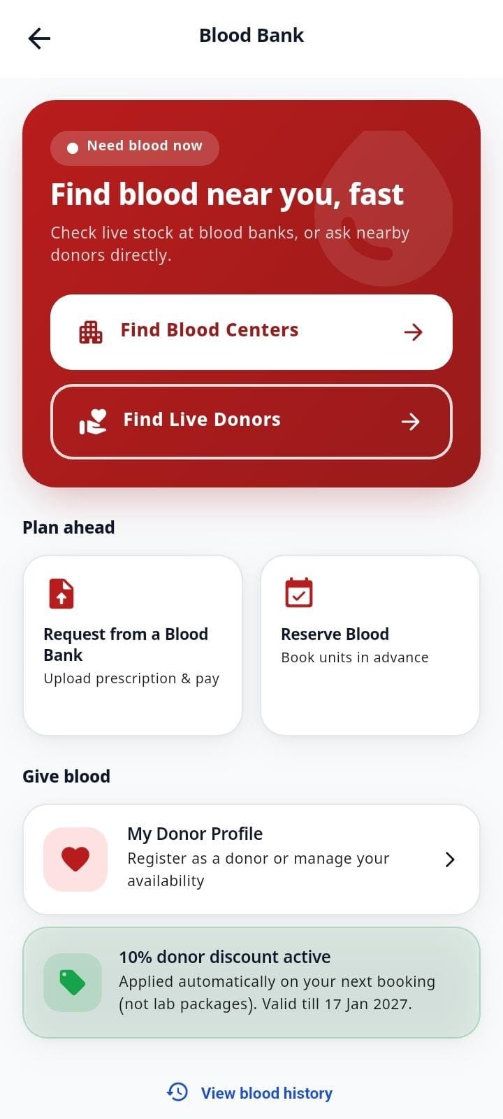 SHLDr Blood Bank screen showing find blood centers, live donors, request blood, reserve blood, donor profile and blood history