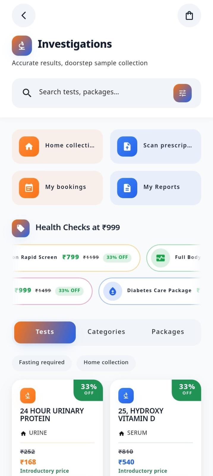 SHLDr Investigations screen featuring test search, home collection, prescription scanning, bookings, reports, health packages and laboratory tests