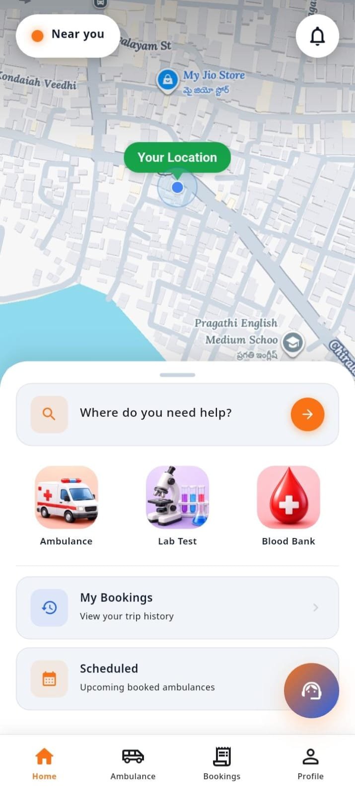 SHLDr home screen with map, current location, ambulance, lab test, blood bank, bookings and scheduled services